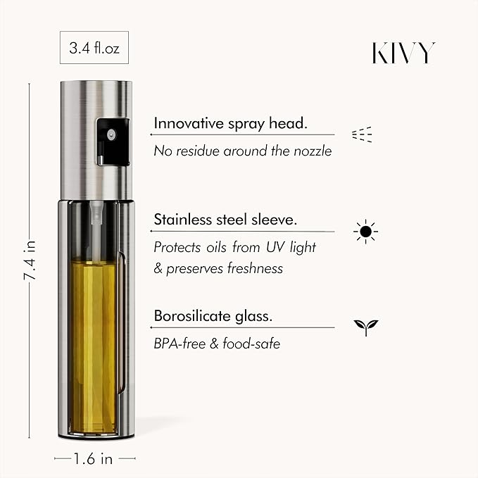 KIVY Glass Oil Sprayer for Cooking– Precise Oil & Vinegar Spray Bottle Oil Mister Spray Bottle for Food – Includes Funnel – Perfect for Cooking & Air Fryer (2x Brushed Stainless Steel)