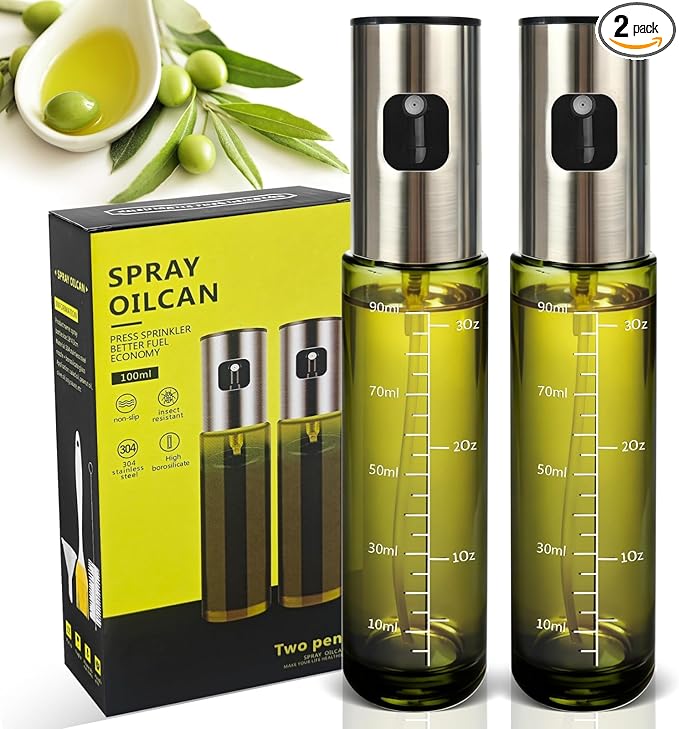 BOKKY Oil Sprayer for Cooking, 2 Pack 100ml Olive Oil Mister for Air Fryer, BBQ & Salad, Refillable 304 Stainless Steel Glass Bottles (Transparent Green / 2 Pack)