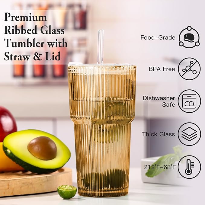 4PCS Amber Ribbed Glass Cups with Lids and Straws, 20oz Vintage Drinking Glasses, Aesthetic Iced Coffee Cups, Glass Tumbler for Boba, Beer, Tea, Cocktails, Ribbed Glassware Set,Amber Brown Glass Cup