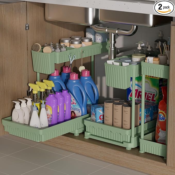 Sevenblue 3 Pack Multi-Purpose Under Sink Organizers and Storage, 2026 L-Shaped Pull Out Cabinet Organizer for Bathroom & Kitchen, Under Cabinet Organizer with Hooks Hanging Cup (Green, 14.85 inch)
