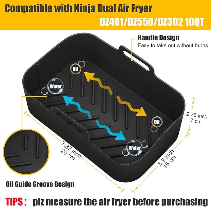 Air Fryer Silicone Liners 10QT for Ninja DZ550 DZ550GY/DZ302/DZ401,MMH 2Pcs Rectangle Food-Grade Airfryer Pot Reusable Replacement Baking Basket Accessories for Ninja 10 QT 10in1 Dual Air Fryer,Black