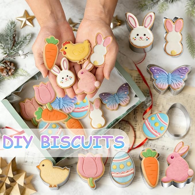 Easter Cookie Cutters Bunny Carrot Tulip Butterfly Chick Egg Biscuit for Kids DIY Lunchbox Bento Box Fruit Vegetable Sandwich Cutters for Children Boys Girls, Pack of 8