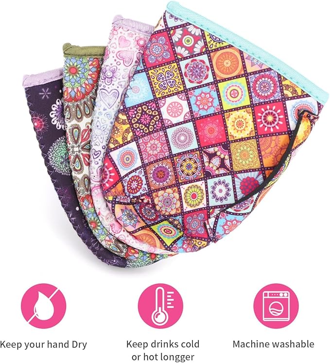 4Pack Reusable Iced Coffee Sleeve Insulator Sleeves for Cold Drinks Beverages, Neoprene Cup Holder for Most Coffee, Fits 22-24oz Medium Cups (Mandala)
