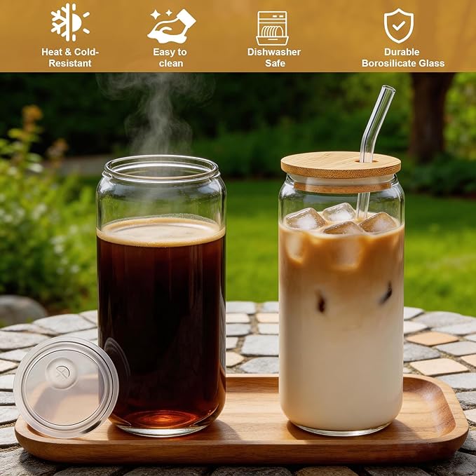 Glass Cups with Lids and Straws, 20 oz Dual Lid Two Straw Tumbler, Travel Home Versatile Beer Can Cup, Iced Coffee Drinkware, Clear Mug for Smoothie Beverage with Two Cleaning Brushes