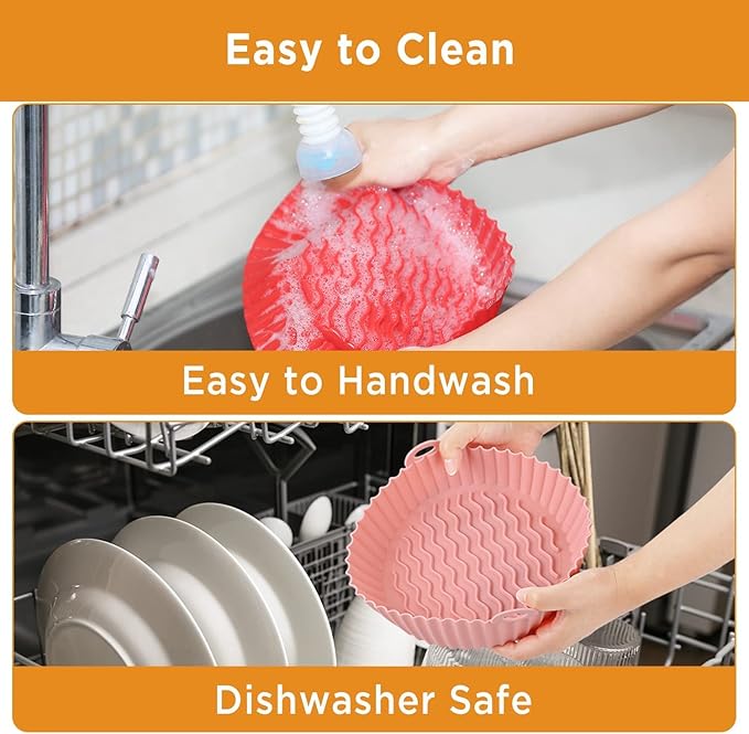 OUTXE 2-Pack 8.5inch Air Fryer Silicone Liner Air Fryer Basket, Reusable Air fryers Silicone Pot Round for 5QT - Air fryer Oven Accessories (Red+Pink)