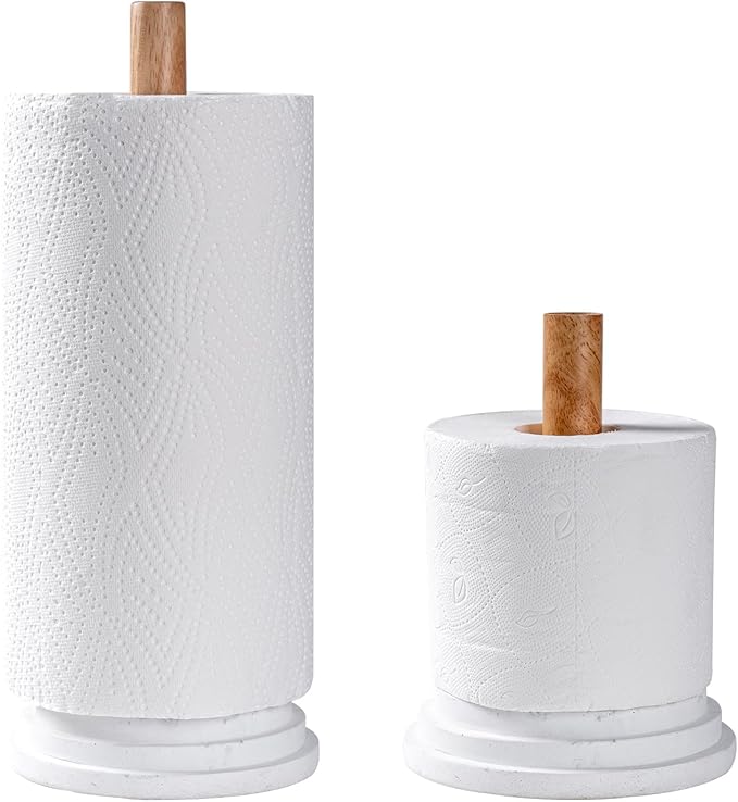 Marble White Standing Paper Towel Holder for Kitchen Countertop,Toliet Paper Roll Holder for Bathroom with Weighted Resin Base and Sturdy Wood Stand,for Standard or Plus Rolls, Height-Adjustable
