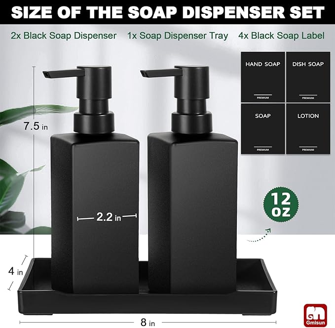GMISUN Kitchen Soap Dispenser Set, Hand and Dish Soap Dispensers, 12 fl oz/350 ml Black Soap Dispenser with Tray, Glass Dish Dispenser for Kitchen, Liquid Hand Soap and Lotion Bottle Set for Bathroom