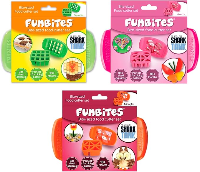 FUNBITES Crustless Sandwich Cutter for Kids Lunch (6-piece set), Uncrustable Sandwich Cutter, Bite-Size Food Cutter for Toddlers, Bento Box Accessories, Dishwasher Safe, Squares/Hearts/Triangles 3pk