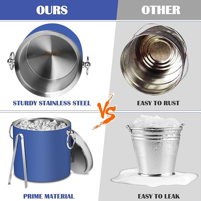 Ice Bucket with Lid & Tong- Well Made Insulated Stainless Steel Keep Ice Frozen Longer - Ideal for Cocktail Bar, Parties, Chilling Wine, Champagne - 3 Liter (Blue)