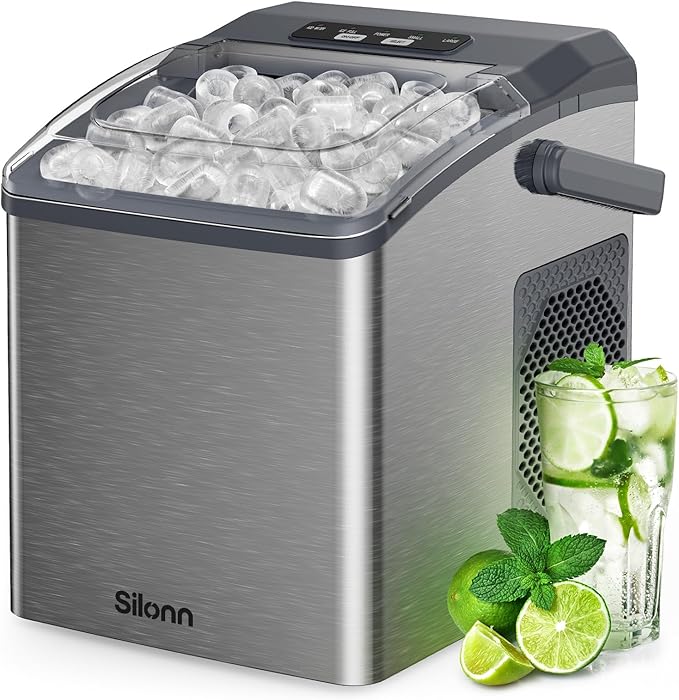 Silonn Stainless Steel Countertop Ice Maker, 26 lbs/Day Fast Ice Production in 6 Mins, Self-Cleaning Compact Ice Machine for Home, Kitchen, Office & Parties