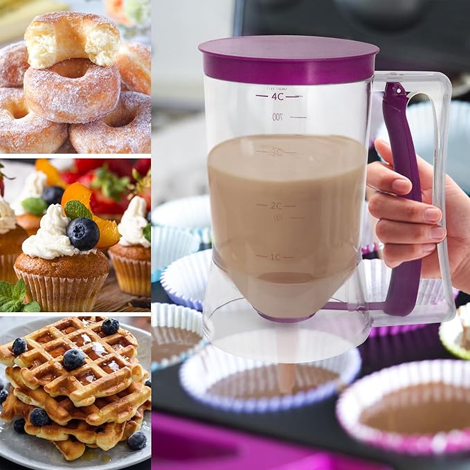 Pancake Batter Dispenser - 4-Cup Cupcake Batter Separator with Squeeze Handle - Kitchen Must Have Baking Tool for Pancakes, Cupcake, Waffle, Muffin Mix - Pancake Maker with Measuring Label