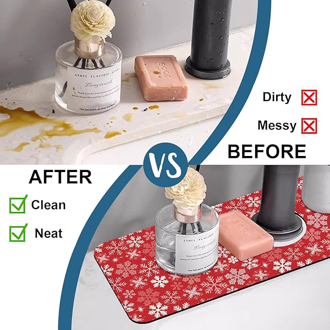 Christmas Merry Xmas Sink Splash Guard Santa Claus Faucet Absorbing Mat Fast Drying Mat Sink Gadgets Splash Guard Behind Faucet Drip Catcher for Kitchen Bathroom, 15.5"x5.5"