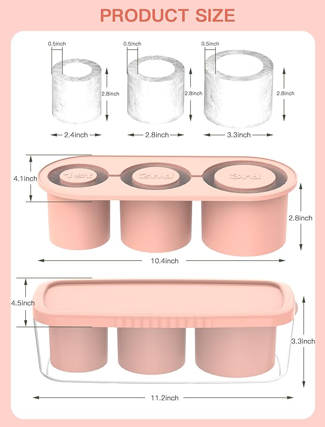 Ice Cube Tray for Tumbler Cup 30Oz-40Oz, 3 Pcs Silicone Cylinder Ice Mold with Lid and Bin for Freezer, Easy Fill and Release Ice Maker for Whiskey, Cocktail BPA-Free (Pink, 40Oz-Type1)