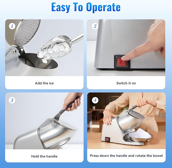 186 lbs/h Dual Blade Ice Shaver Machine, with Extra Blades & Ice Pick, 300W Electric Ice Crusher for Home Use & Commercial, Shaved Ice Machine, ETL-Listed, Silver