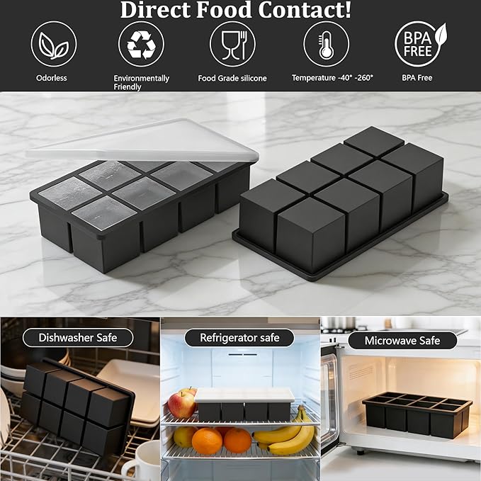 Bangp Silicone Ice Cube Trays with Metal Reinforced Frame(3 Pack),Large Ice Cube Tray with Lid,Easy Release Whiskey Ice Cubes Mold,Ice Trays for Freezer,Stackable Ice Cube Tray(Black)