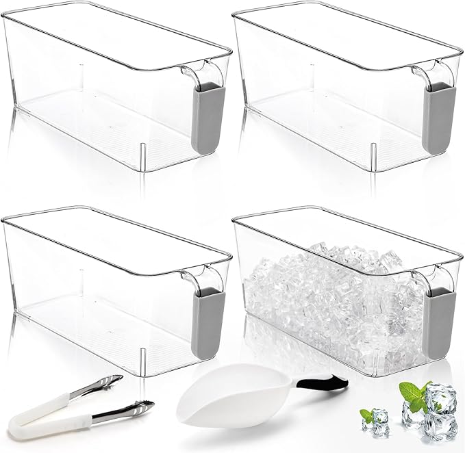 Pumtus 4 Pack Clear Ice Bins for Freezer, Plastic Ice Bucket with Flexible Scoop & Ice Tong, Pull Out Handle Ice Container, Kitchen Food Storage Organizer, Pantry Canister for Wine Beverage Fruit