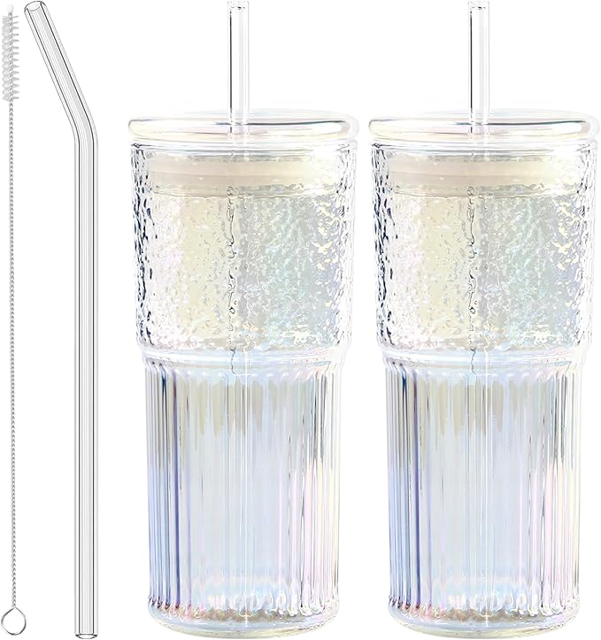 JunVpic Glass Cups with Lids and Straws, 20 OZ Multi Iced Coffee Glasses Tumblers for Ice Water, Juice, Tea, Milk, Smoothie and Cold or Hot Drinks, Set of 2