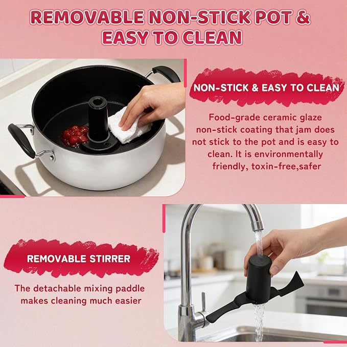 Automatic Jam and Jelly Maker 1000W, Electric Jam Jelly & Sauce Machine 2L Per Batch (≈4 x 16OZ), Electric Pot Stirrer Machine Non-Stick Self Stirring Pot BPA-Free, Replace Ball Fresh Jam Maker
