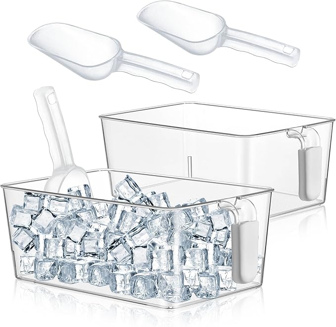 Havawish 2 Set Ice Storage Bin and Flexible Scoop Set Plastic Freezer Bin with Pull out Handle Storage Bucket Clear for Container with Scoop (gray, 10.83 x 7 x 4.33 in, Classic)