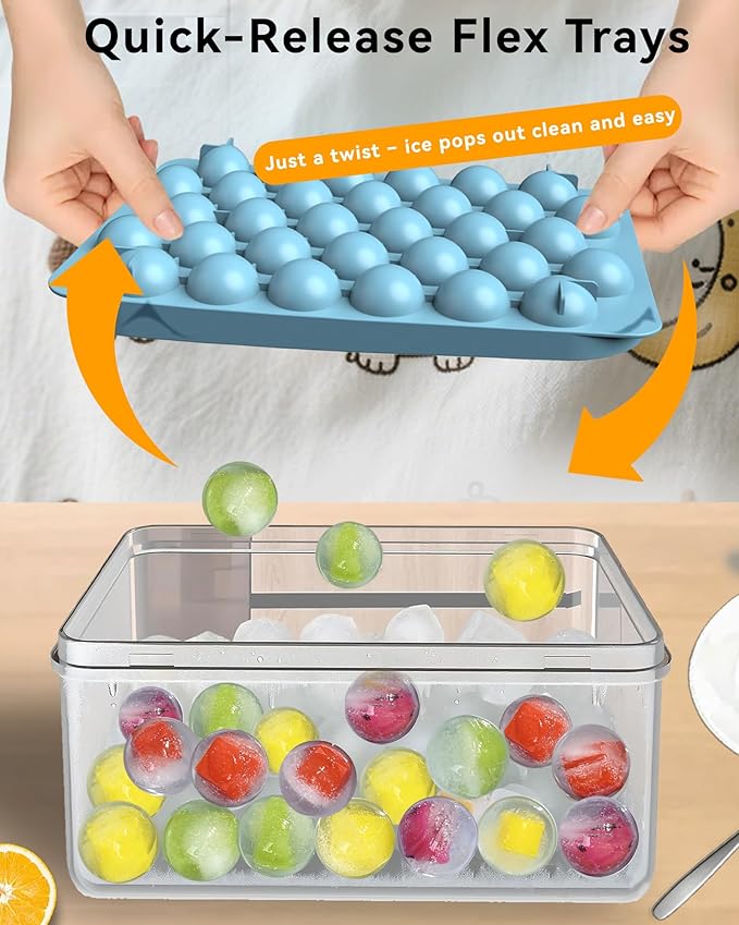 Ice Cube Trays with Lid and Bin, BPA-Free Mini 0.75 Inch Sphere Ice Molds, 2-Pack Small Round Ice Ball Trays, Easy Release, Includes Scoop & Ice Storage Box for Cocktails, Coffee