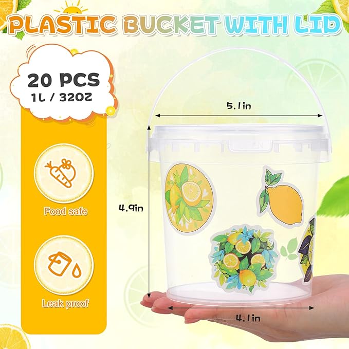 PerKoop 20 Pcs 32 oz Ice Cream Buckets with Lids and Handles Clear Cocktail Rum Buckets with Stickers Plastic Transparent Tub Reusable Food Storage Containers for Parties(Lemon)