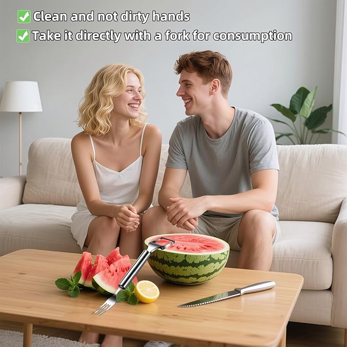 2-in-1 Stainless Steel Watermelon Slicer & Fork | Easy Cut, Serve, Enjoy | Kitchen & Camping Must-Have Tool for Fruit Salad, Parties, BBQ | Dishwasher Safe & Rust-Proof