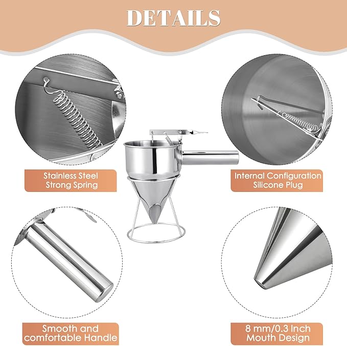 MAOPINER 20OZ Stainless Steel Pancake Batter Dispenser, Piston Funnel Cake Dispenser with Stand, Commercial Chocolate Funnel for Baking & Takoyaki (600ML/20OZ)