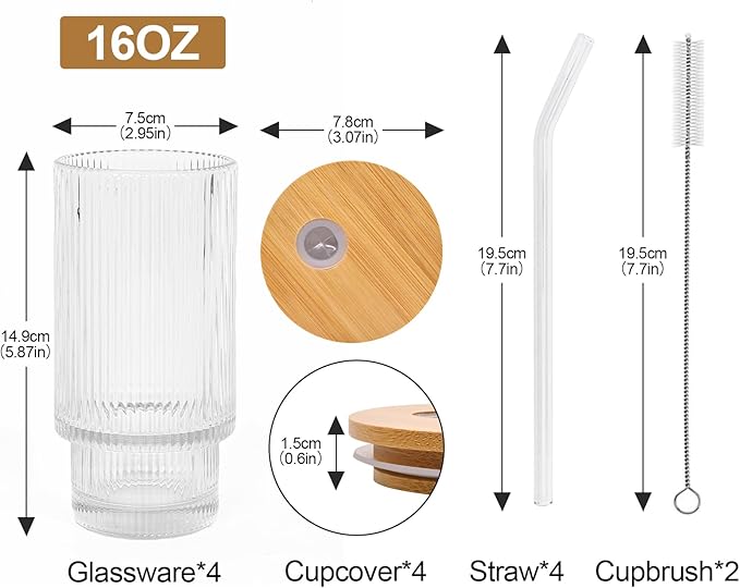 16Oz glasses drinking set of 4,Ribbed Glass Cups With Lids And Straws,Glass Tumbler With Lid for Beer, Juice, Water, Iced coffee Cup,Whiskey