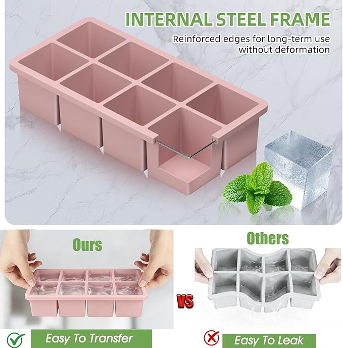 Large Ice Cube Molds, 2 Pack Easy Release Ice Trays for Freezer with Lid, Stackable Square Big Silicone Ice Cube Tray BPA Free Slow Melting for Bourbon Whiskey, Cocktails, Iced Coffee (Pink)