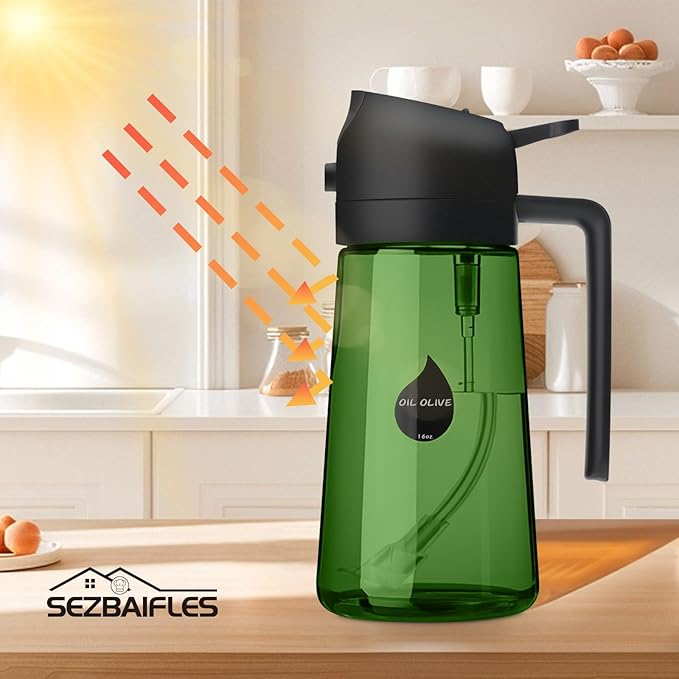 2 in 1 Oil Sprayer for Cooking, Olive Oil Dispenser Bottle for Kitchen Spray and Pour, 16oz/470ml Light-Blocking Dark Green Glass Bottle, Food-Grade Oil Mister for Air Fryer Green Cap
