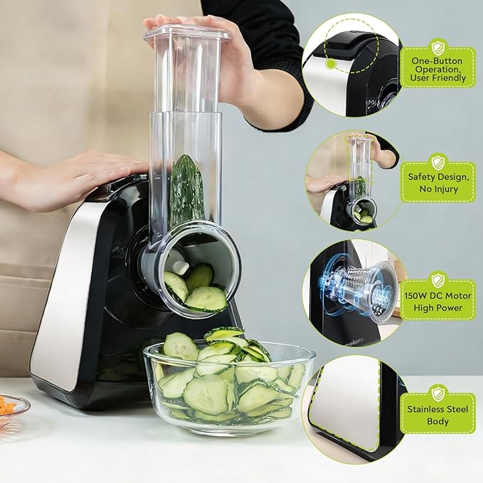 Mokero 5 in 1 Electric Cheese Grater for Block Cheese, Kitchen Automatic Cheese Shredder & Salad Shooter, Easy to Clean Vegetable Chopper for Cheese,Cucumber, Potato, Carrots, Nut