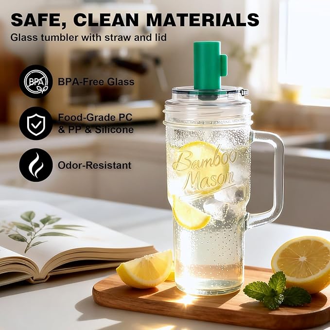 Anotion Mason Jar Cups with Lids and Straw, Leakproof 24oz Glass Tumbler with Handle, Leak-Proof Dustproof Cap, Self-Assembly Silicone Straw, Reusable Iced Coffee Matcha Cup Coffee Gifts for Women 4pc