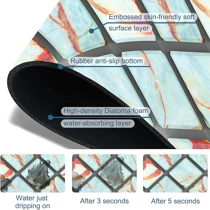 Rendering Marble Sink Splash Guard Faucet Mat Blue Wall Tiles Super Absorbent Fast Drying Mat Sink Gadgets-Splash Guard Behind Faucet Drip Catcher for Kitchen Bathroom, 15.5"x5.5"