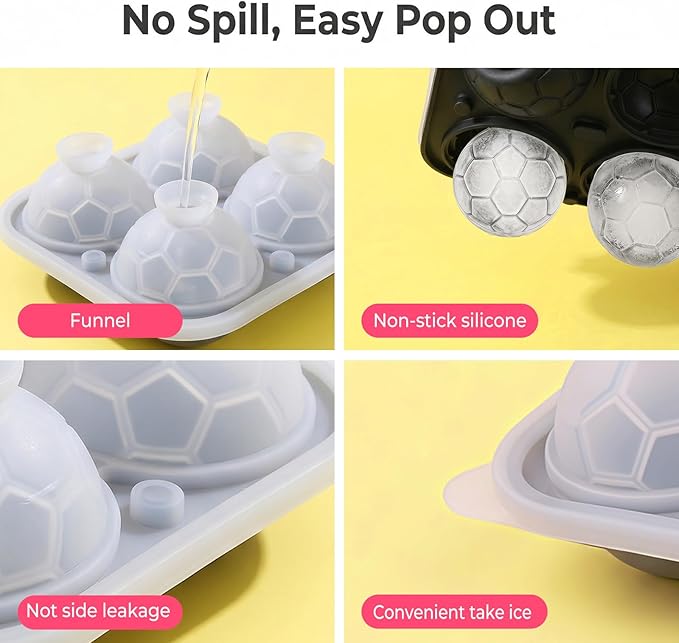 Large Ice Cube Tray,Silicone Ice Cube Trays for Freezer with Lids & Funnel,2.5 Inch Reusable Big Round Ice Cube Mold Ball Maker for Gifting,Whiskey,Cocktails and Drinks,Easy Release (Soccer Ball)
