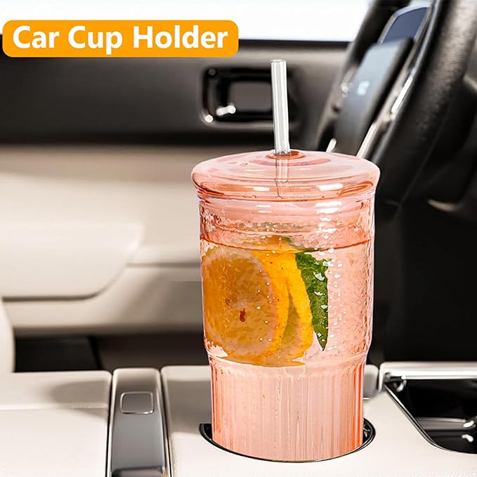QWEZXO 20 OZ Glass Cup with Lids and Glass Straws, High Borosilicate Iced Coffee Glass Tumblers with Lid and Straw for Drinks, 2pcs Reusable Wide Mouth Smoothie Cup(Orange)