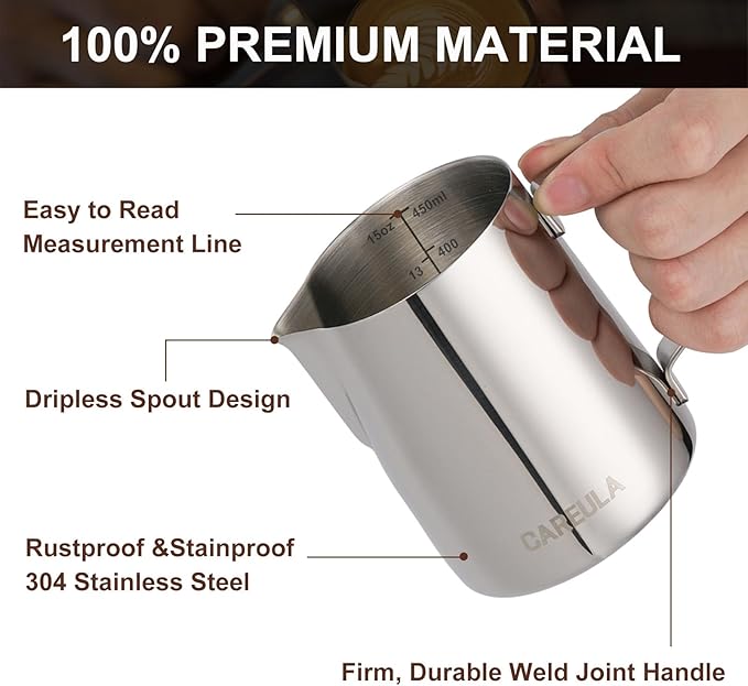 Milk Frothing Pitcher, 15oz Stainless Steel Milk Frother Cup Steaming Pitcher, Coffee Bar Cappuccino Espresso Machine Accessories Barista Tools, Metal Pitcher Milk Jug with Decorating Latte Art Pen