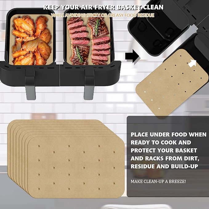WMKGG Rectangular Air Fryer Parchment Paper, 200 PCS Disposable Perforated Air Fryer Liners with 2 Grilling Mat for Ninja DZ201 Foodi 6-in-1 8-qt. 2-Basket