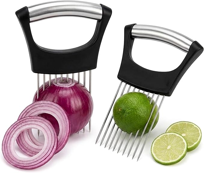Onion Holder for Slicing (2 Pack) - Stainless Steel Vegetable Slicer Guide, Tomato/Potato/Lemon/Meat Holder - Safe, Even Cuts Kitchen Gadget