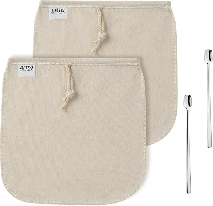 Reusable Cold Brew Bags & Cold Brew Coffee Bags Reusables |11.8 * 11.8 inch Large 100% Natural Organic Cotton Cold Brew Filter Bags 2-Pack + 2 Bonus 304 Silver Spoons