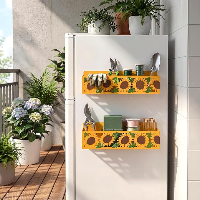 Beeveer 2 Pack Sunflower Magnetic Spice Rack for Refrigerator Metal Magnet Basket Shelf for Fridge Seasoning Storage Organizers Home Decor Kitchen Accessories (White)