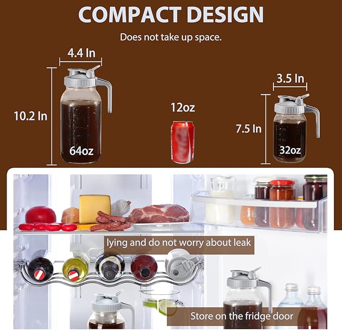 Glyntrof Cold Brew Coffee Maker Pitcher, 64 Oz Heavy Duty Wide Mouth Glass Mason Jar pour spout Lid with Stainless Steel Filter for Iced Coffee, Ice Lemonade, Fruit Drinks, Sun Tea