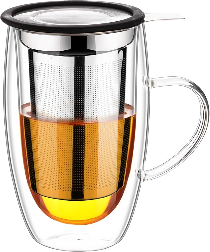 Baalaka Double Wall Glass Tea Cup With Stainless Steel Infuser and Lid, 16oz Borosilicate Glass Tea Mug, Tea Infuser for Loose Leaf Tea, Teas Gifts for Lovers