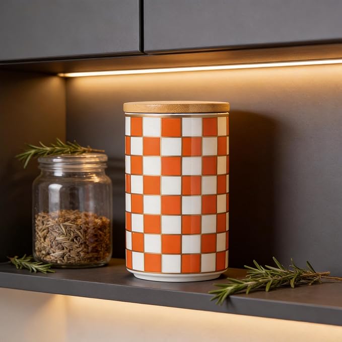 Kitchen Countertop Ceramic Checkered Canisters,Black And White Food Storage Containers With Lid,Airtight Kitchen Canisters for Flour, Sugar, Coffee, Tea, and Dry Goods (Orange, Large)