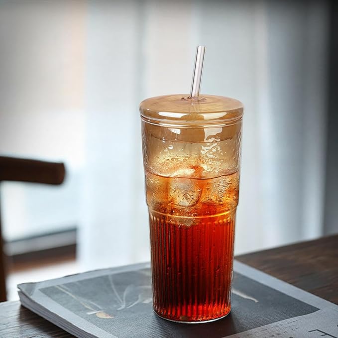 JunVpic Glass Cups with Lids and Straws, Amber 20 OZ Iced Water Glasses Tumblers for Ice Juice, Tea, Milk, Smoothie and Cold or Hot Drinks, Set of 2