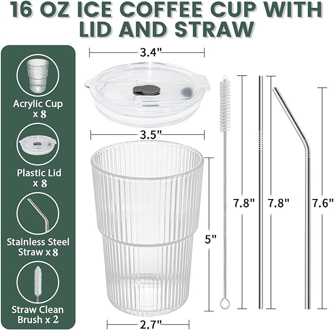 HIGIINC Iced Coffee Cups With Lids and Straws 8 Pcs, 16 OZ Unbreakable Glasses Drinking Set,Clear Plastic Cups Reusable Iced Coffee Tumbler with Lid and Straw, To Go Coffee Cups Dishwasher Safe