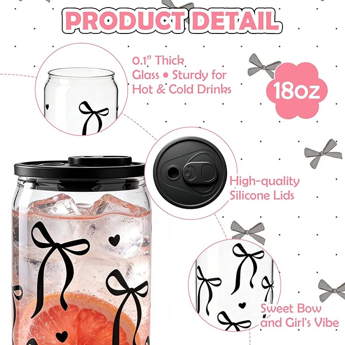 Mason Life Bow Glass Cup 18 OZ with Designs, Black Bow Cup for Preppy Stuff, Cute Tumbler with Straw Cover & Keychain for Women Teen Girls Iced Coffee, Matcha and Smoothies