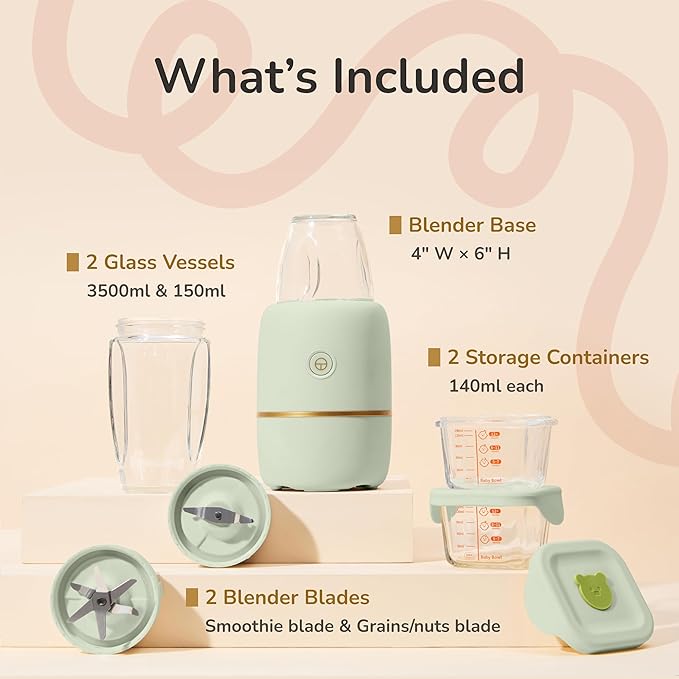 Bubble Blender, Baby Food Maker & Puree Blender with 2 Borosilicate Glass Cups, Compact Baby Bullet for Smoothies, Hands-Free One-Touch, 200W Motor, Sage