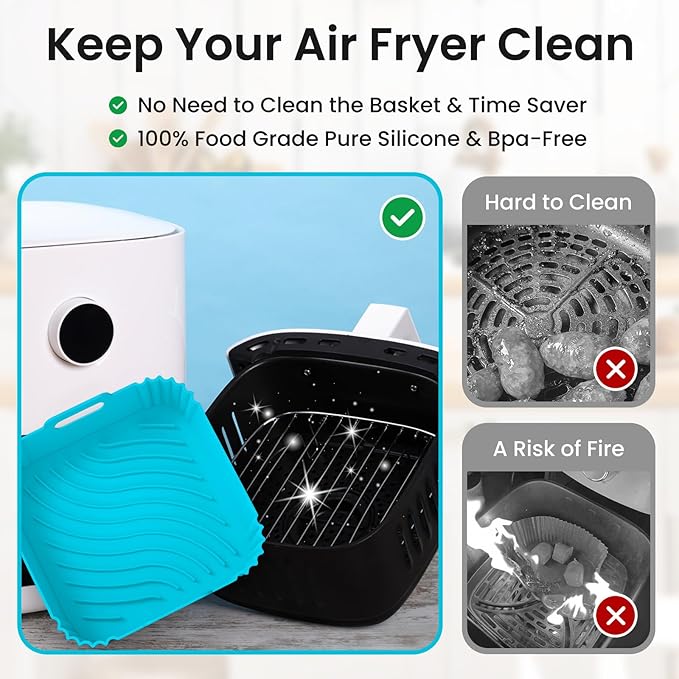 Redfly Air Fryer Silicone Liners, 9.3 Inch Square Airfryer Liners, Silicone Air Fryer Liners Reusable for 6-8 QT, Air Fryer Accessories Replacement for Parchment, Airfryer Liners Silicone Red&Blue