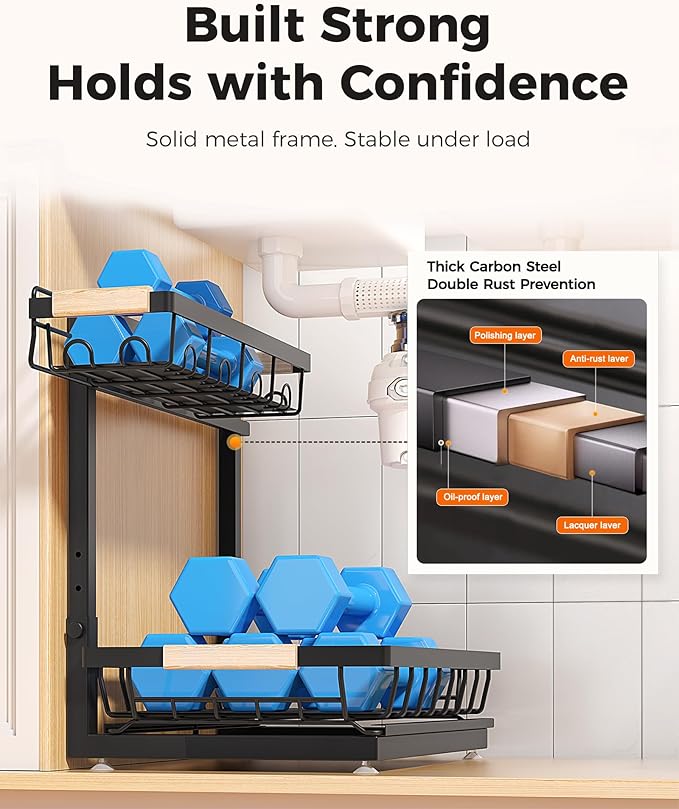 Sevenblue 3 Pack Under Sink Organizer, Height Adjustable 2 Tier Pull-Out Metal Under Kitchen Sink Organizer, Multi-Purpose Storage Shelves for Kitchen Bathroom Cabinet