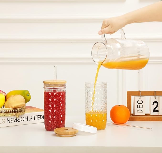 2 Pcs Glass Cups with Lids and Straws - 24oz Wide Mouth Mason Jar Drinking Glasses, Cute Reusable Smoothie cup, Iced Coffee Glasses, Travel Tumbler for Bubble Tea, Juice